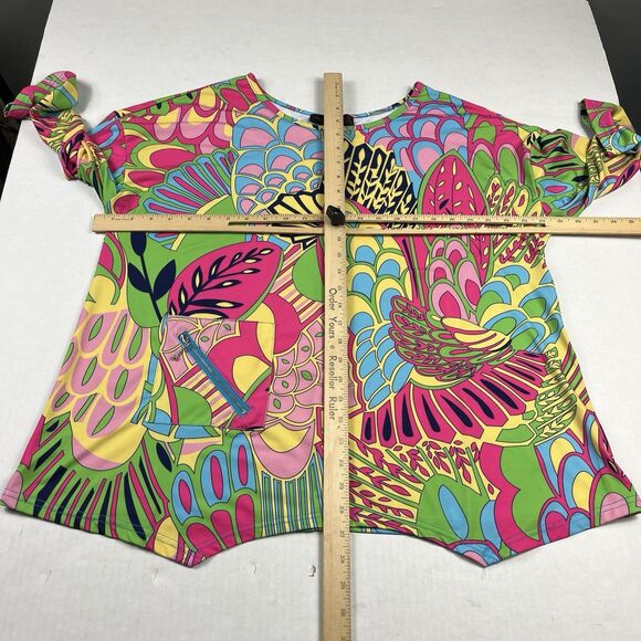 Pleats Collection Psychedelic Printed Top Short Sleeve Zip Accent M/L No Tags - Picture 6 of 11